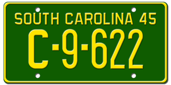 1945 SOUTH CAROLINA STATE LICENSE PLATE--EMBOSSED WITH YOUR CUSTOM NUMBER