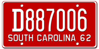 1962 SOUTH CAROLINA STATE LICENSE PLATE--EMBOSSED WITH YOUR CUSTOM NUMBER