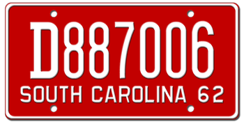 1962 SOUTH CAROLINA STATE LICENSE PLATE--