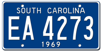 1969 SOUTH CAROLINA STATE LICENSE PLATE--EMBOSSED WITH YOUR CUSTOM NUMBER