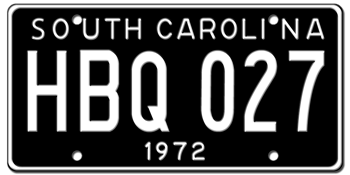 1972 SOUTH CAROLINA STATE LICENSE PLATE--EMBOSSED WITH YOUR CUSTOM NUMBER
