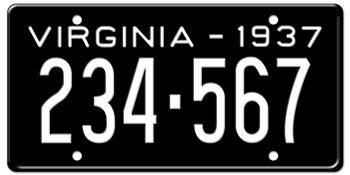 1937 VIRGINIA STATE LICENSE PLATE--EMBOSSED WITH YOUR CUSTOM NUMBER