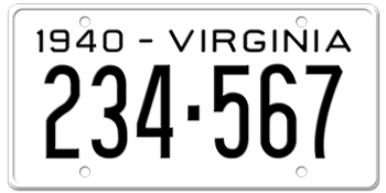 1940 VIRGINIA STATE LICENSE PLATE--EMBOSSED WITH YOUR CUSTOM NUMBER