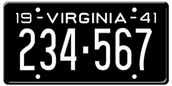 1941 VIRGINIA STATE LICENSE PLATE--EMBOSSED WITH YOUR CUSTOM NUMBER