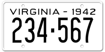 1942 VIRGINIA STATE LICENSE PLATE--EMBOSSED WITH YOUR CUSTOM NUMBER