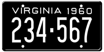 1960 VIRGINIA STATE LICENSE PLATE--EMBOSSED WITH YOUR CUSTOM NUMBER