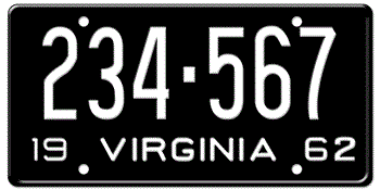 1962 VIRGINIA STATE LICENSE PLATE--EMBOSSED WITH YOUR CUSTOM NUMBER