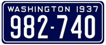 1937 WASHINGTON STATE LICENSE PLATE - EMBOSSED WITH YOUR CUSTOM NUMBER