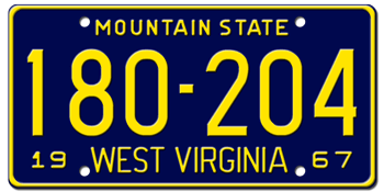 1967 WEST VIRGINIA STATE LICENSE PLATE--