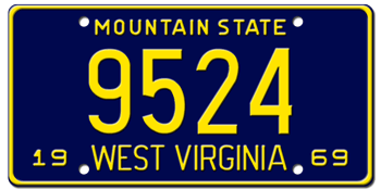 1969 WEST VIRGINIA STATE LICENSE PLATE--EMBOSSED WITH YOUR CUSTOM NUMBER