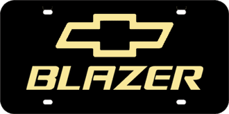 CHEVROLET BOWTIE MIRROR-GOLD EMBLEM & BLAZER NAME LASER LICENSE PLATE