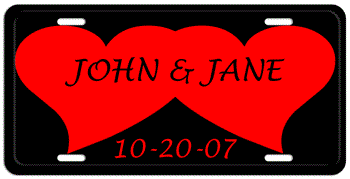 TWO HEARTS BLACK LICENSE PLATE - Personalized with His and Her names and wedding date