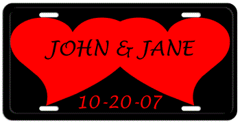 TWO HEARTS BLACK LICENSE  PLATE - Personalized with His and Her names and wedding date