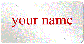 MIRROR-SILVER LASER LICENSE PLATE WITH RED NAME