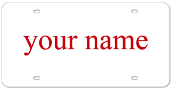 WHITE LASER LICENSE PLATE WITH RED NAME