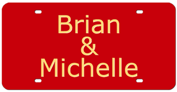 HIS & HERS LASER RED LICENSE PLATE - MIRROR GOLD NAMES