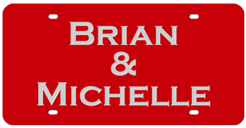 HIS & HERS LASER RED LICENSE PLATE - MIRROR SILVER NAMES
