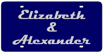 HIS & HERS LASER BLUE LICENSE PLATE - MIRROR SILVER NAMES