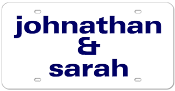 HIS & HERS LASER WHITE LICENSE PLATE - BLUE NAMES