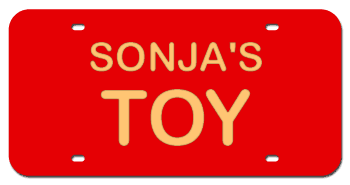 NAME & TOY LASER RED LICENSE PLATE - MIRROR GOLD TEXT