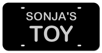 NAME & TOY LASER BLACK LICENSE PLATE MIRROR SILVER TEXT