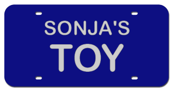 NAME & TOY LASER BLUE LICENSE PLATE - MIRROR SILVER TEXT
