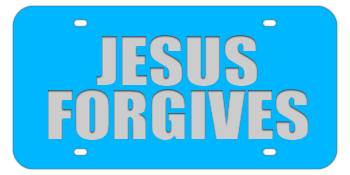 JESUS FORGIVES LIGHT BLUE LASER LICENSE PLATE