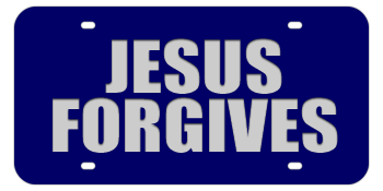 JESUS FORGIVES BLUE LASER LICENSE PLATE