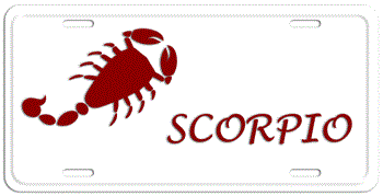 SCORPIO ZODIAC DARK RED ON WHITE LICENSE PLATE