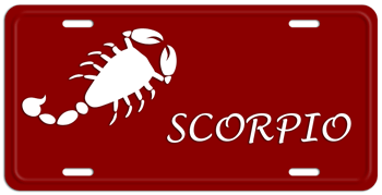 SCORPIO ZODIAC WHITE ON DARK RED LICENSE PLATE