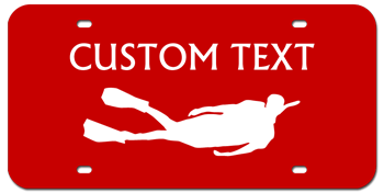 SCUBA DIVER RED AND WHITE LASER LICENSE PLATE WITH YOUR CUSTOM TEXT