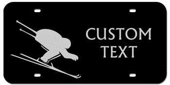 SKIING 1 BLACK AND SILVER LASER LICENSE PLATE WITH YOUR CUSTOM TEXT