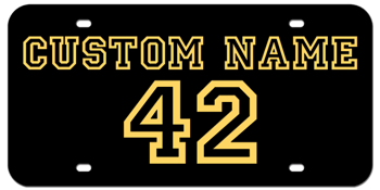 CUSTOM VARSITY BLACK LASER LICENSE PLATE - GOLD NAME AND NUMBER