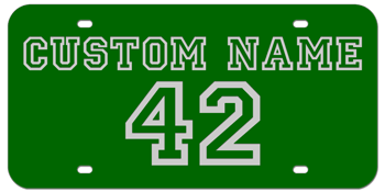 CUSTOM VARSITY GREEN LASER LICENSE PLATE - SILVER NAME AND NUMBER