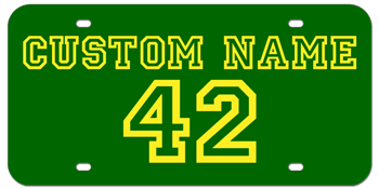 CUSTOM VARSITY GREEN LASER LICENSE PLATE - YELLOW NAME AND NUMBER