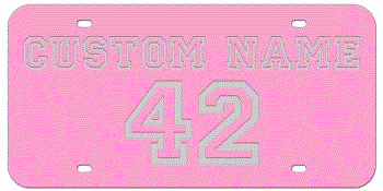 CUSTOM VARSITY PINK LASER LICENSE PLATE - SILVER NAME AND NUMBER