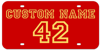 CUSTOM VARSITY RED LASER LICENSE PLATE - GOLD NAME AND NUMBER