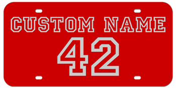 CUSTOM VARSITY RED LASER LICENSE PLATE - SILVER NAME AND NUMBER