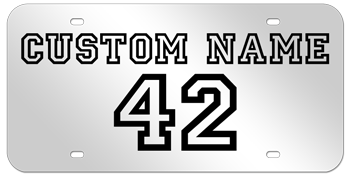 CUSTOM VARSITY SILVER LASER LICENSE PLATE - BLACK NAME AND NUMBER