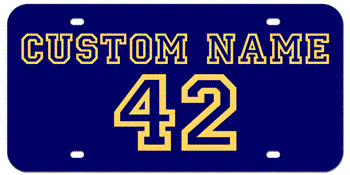 CUSTOM VARSITY BLUE LASER LICENSE PLATE - GOLD NAME AND NUMBER