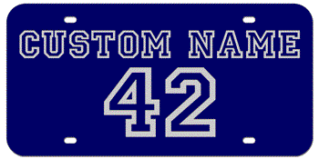 CUSTOM VARSITY BLUE LASER LICENSE PLATE - SILVER NAME AND NUMBER