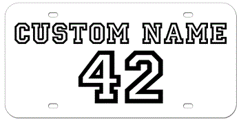 CUSTOM VARSITY WHITE LASER LICENSE PLATE - BLACK NAME AND NUMBER