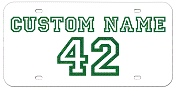 CUSTOM VARSITY WHITE LASER LICENSE PLATE - GREEN NAME AND NUMBER