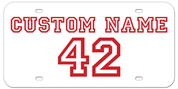 CUSTOM VARSITY WHITE LASER LICENSE PLATE - RED NAME AND NUMBER