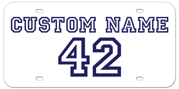 CUSTOM VARSITY WHITE LASER LICENSE PLATE - BLUE NAME AND NUMBER