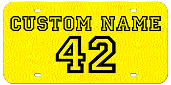 CUSTOM VARSITY YELLOW LASER LICENSE PLATE - BLACK NAME AND NUMBER