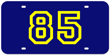 CUSTOM VARSITY BLUE LASER LICENSE PLATE - YELLOW NUMBER