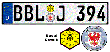 GERMAN LICENSE PLATE BRANDENBURG ISSUED FROM JANUARY 1994 WITH FREE STATE AND DATE DECALS --