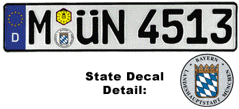 GERMAN LICENSE PLATE MUNICH (HOME OF BMW) ISSUED FROM JANUARY 1994 WITH FREE STATE AND DATE DECALS --
