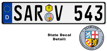 GERMAN LICENSE PLATE Saarland/SaarbrÃ¼cken ISSUED FROM JANUARY 1994 WITH FREE STATE AND DATE DECALS -- Â Â Â